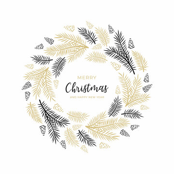 Christmas wreath with pine branches and cones in gold and black color. Holiday design for your greeting cards. Vector illustration in modern style.