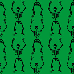 Seamless pattern with black skeletons dancing and having fun on a green background.