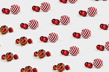 Pattern with Christmas ornaments including balls on white background.
