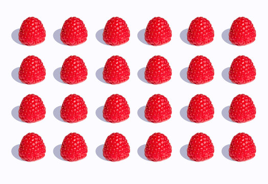 3D Illustration, raspberries in a row on white background