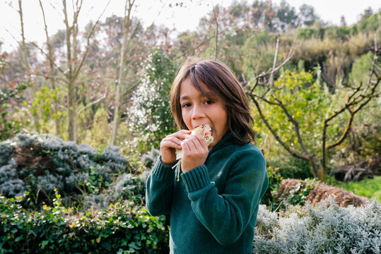 Boy Standing In Garden, Taking A Break, Eating Sandwiches