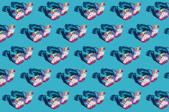 Studio shot of rows of birthday party eyeglasses