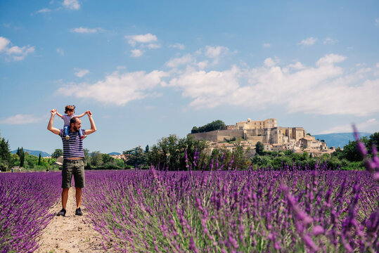 France, Grignan, father standing on foot path between lavender fields with little daughter on his shoulders