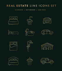 Real Estate line icons set including bed for bedroom, bath or shower for bathroom, and vehicle or garage for car park