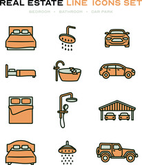 Real Estate line icons set including bed for bedroom, bath or shower for bathroom, and vehicle or garage for car park