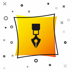 Black Fountain pen nib icon isolated on white background. Pen tool sign. Yellow square button. Vector