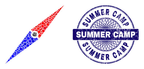 Geometric mosaic compass arrow, and Summer Camp dirty watermark. Violet stamp seal has Summer Camp caption inside round form. Vector compass arrow mosaic is made of randomized round, triangle,