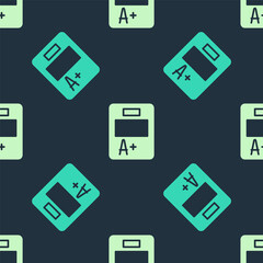 Green and beige Exam sheet with A plus grade icon isolated seamless pattern on blue background. Test paper, exam, or survey concept. School test or exam. Vector