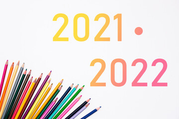 2021 2022 school year with heap colored pencils isolated on white background. Banner. Creative development and education of preschoolers, children and adults. Art stationery shop card. Year color