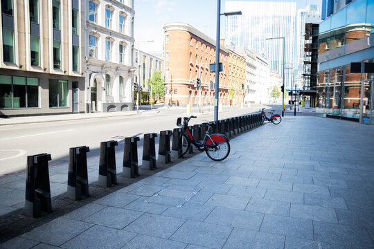 UK, England, London, Bollards along empty street in middle of city