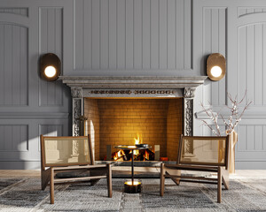 Beautiful dark classic interior with fireplace and chairs. 3d rendering, illustration mockup.