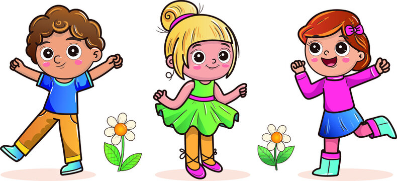Cute cartoon set of kids. Children play and dance. Girls and boy, little friends, have fun and smile.