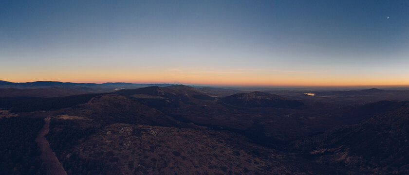 Scenic view of mountains against clear sky at dusk, Puerto de Canencia, Spain