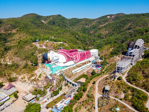Myanmar, Mon state, outside of Mawlamyine, Giant reclining Buddha in Win Sein Taw Ya, aerial view