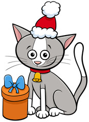 cartoon cat with bell and gift on Christmas time