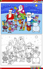 cartoon Christmas characters group coloring book page