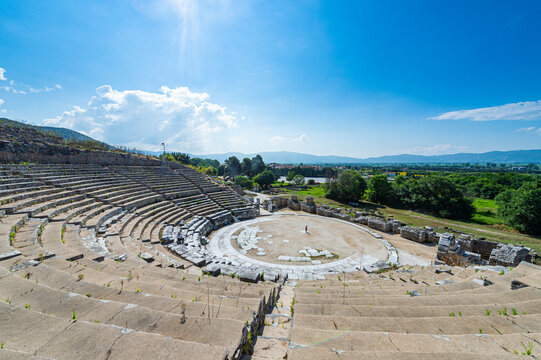 Greece, Eastern Macedonia and Thrace, Filippoi, Ancient amphitheater in Philippi on sunny day
