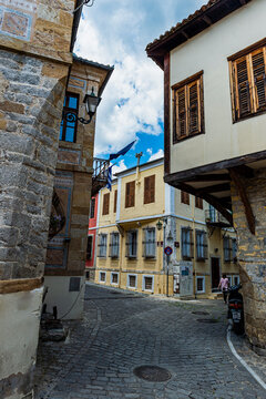 Greece, Eastern Macedonia and Thrace, Xanthi, Cobblestone alley between old Ottoman houses