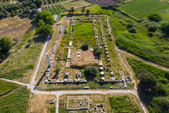 Greece, Samos, Aerial view of ruins of Heraion of Samos in summer