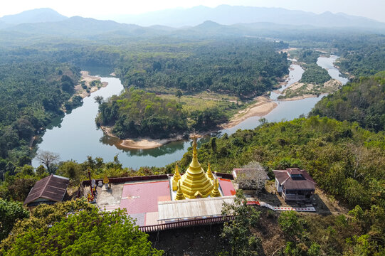 Myanmar, Mon State, Kyaing Ywar, Aerial view of Buddhist temple on bank of Ye River