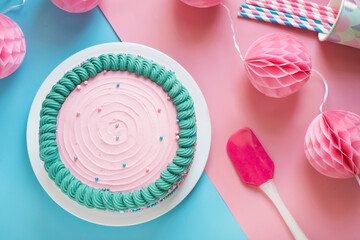 Studio shot of pink birthday cake and paper party decorations