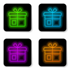 Glowing neon line Gift box icon isolated on white background. Black square button. Vector