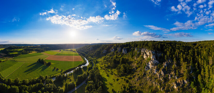 Germany, Bavaria, Kipfenberg, Drone panorama of Altmuhl Valley Nature Park in spring