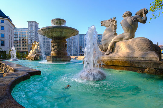 Germany, Bavaria, Munich, Wittelsbach Fountain In Spring