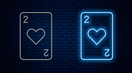 Glowing neon line Playing card with heart symbol icon isolated on brick wall background. Casino gambling. Vector