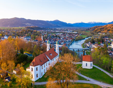 Germany, Bavaria, Bad Tolz, Drone view of&Ocirc;&oslash;&Omega;Kreuzkirche at springtime dawn