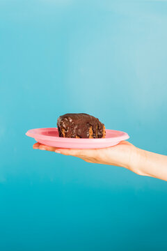 Hand holding plate with chocolate cake