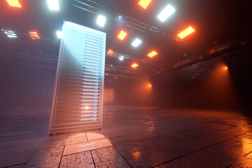 Three dimensional render of dark web server in industrial environment