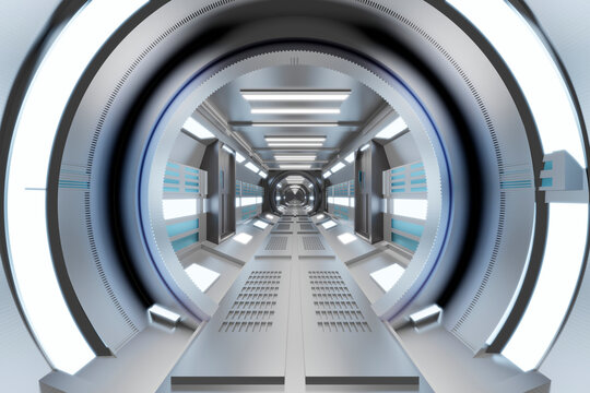 Three dimensional render of bright futuristic corridor inside spaceship or space station