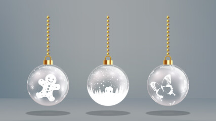 Realistic glass transparent christmas balls with xmas print and patterns.