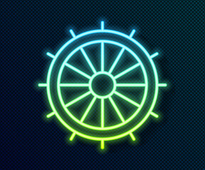 Glowing neon line Ship steering wheel icon isolated on black background. Vector