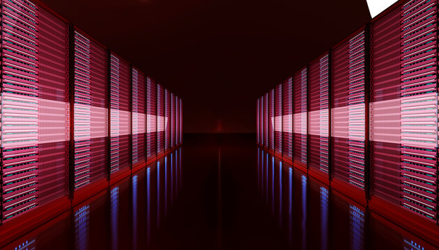 Three dimensional render of dark server room