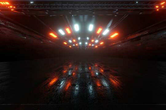 Three dimensional render of dark empty warehouse illuminated by red and blue lights