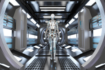 Three dimensional render of gynoid walking across futuristic corridor inside spaceship or space station