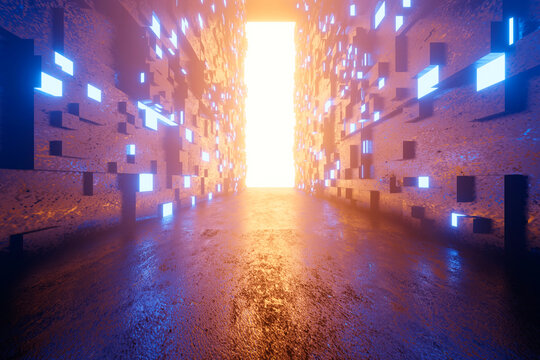 Three dimensional render of glowing portal at end of futuristic corridor