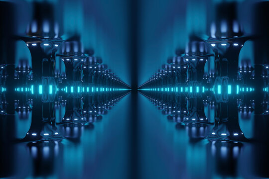 Three dimensional render of rows of columns along blue futuristic corridor inside spaceship or space station
