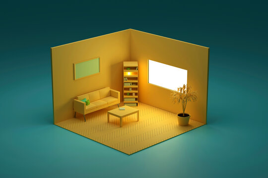 Three dimensional render of yellow colored corner of living room