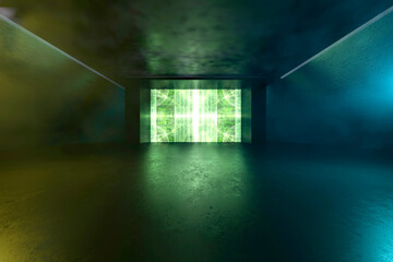 Three dimensional render of green glowing doorway at end of empty corridor