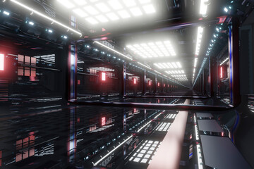 Three dimensional render of illuminated interior inside spaceship or space station