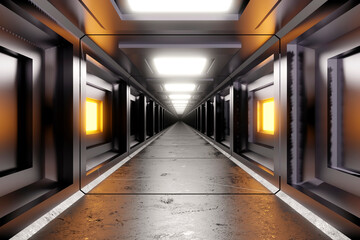 Three dimensional render of straight futuristic corridor inside spaceship or space station