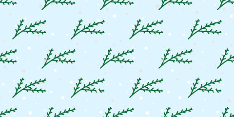 Tree branch with christmas toy and snowflakes seamless pattern. Christmas vector illustration. For wrapping paper, design, postcard, fabric, baby clothes, baby room. Christmas and New Year background.