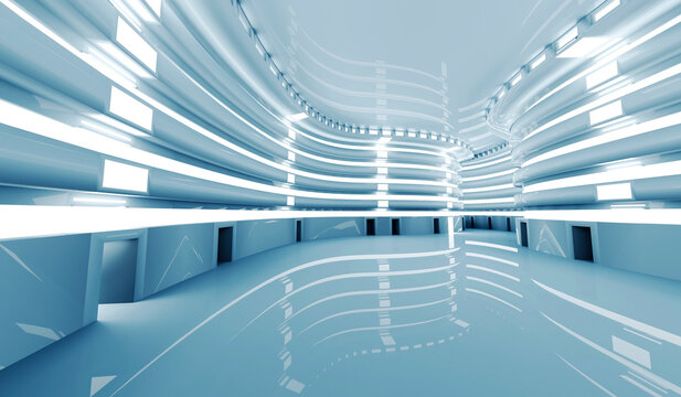 Three dimensional render of brightly lit futuristic corridor