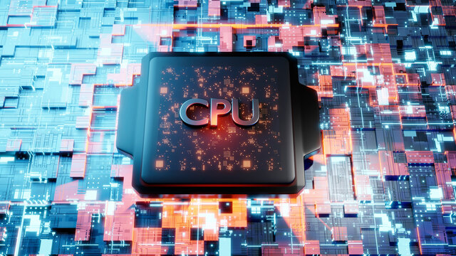 3D Illustration of CPU on glowing mother board