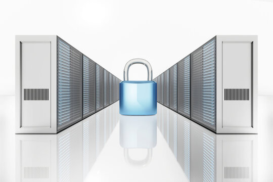 Illustration of padlock between network server tower