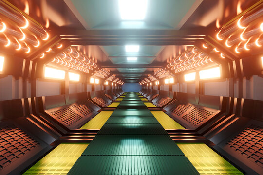 3D rendered Illustration, interior of illuminated Glowing spaceship corridor