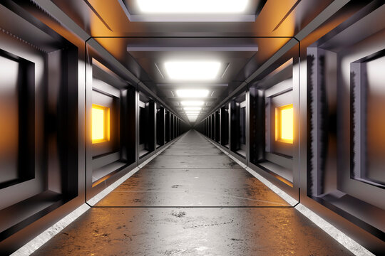 Three dimensional render of straight futuristic corridor inside spaceship or space station